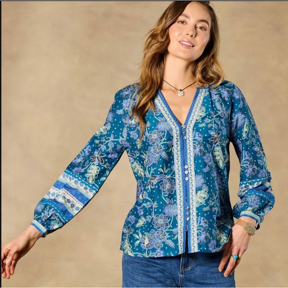 Sundance EUC Arvilla Cotton Silk Blend Embellished Blue Floral Peasant Blouse L
